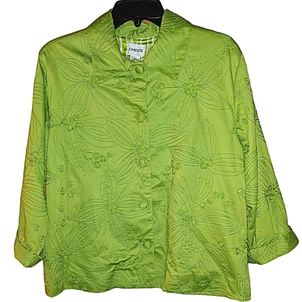 CHICO'S Floral Embroidered Jacket w/ Beading Size 1 Medium